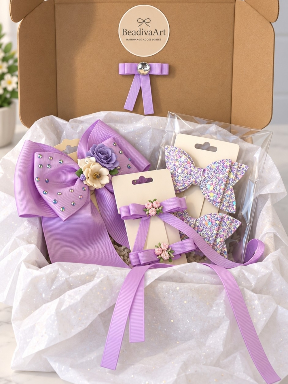 Lavender Girls Hair Bow and Clip Gift Set